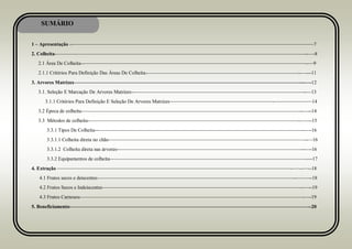 SUMÁRIO
1 – Apresentação --————————————————————————————————————————————–—–——7
2. Colheita-—————————————————————————————————————————————————–--—-8
2.1 Área De Colheita--——————————————————————————————————————–—————–--—9
2.1.1 Critérios Para Definição Das Áreas De Colheita-—————————————————————–————————–--—---11
3. Arvores Matrizes———————————————————————————————————————–—————–---—-12
3.1. Seleção E Marcação De Arvores Matrizes--—————————————————————–——–—————————–--—13
3.1.1 Critérios Para Definição E Seleção De Arvores Matrizes—–———————————————————-—————–——14
3.2 Época de colheita—–——————————————————————————————————————–———–--—--14
3.3 Métodos de colheita-—————————————————————————————————————————–--–—--15
3.3.1 Tipos De Colheita--————————————————————————————————————————–--—-16
3.3.1.1 Colheita direta no chão———————————————————————————————————————--—16
3.3.1.2 Colheita direta nas árvores-————————————————————————————————————–--—-16
3.3.2 Equipamentos de colheita—–————————————————————————————————————–—----17
4. Extração ——————————————————————————————————————————————–-—–--—--18
4.1 Frutos secos e deiscentes—–—————————————————————————————————————–--—–—--18
4.2 Frutos Secos e Indeiscentes—–—————————————————————————————————–————–--—--19
4.3 Frutos Carnosos—–————————————————————————————————————————–——–-—-19
5. Beneficiamento—–—————————————————————————————————————————–——–——--20
 