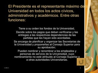 El Presidente es el representante máximo de la Universidad en todos los actos cívicos, administrativos y académicos. Entre otras funciones: Tiene a su orden los fondos de la Universidad,  Decide sobre los pagos que deban verificarse y las entregas a las respectivas dependencias de las partidas que les hayan sido acordadas. Se encarga de planificar y organizar las Secretarias de la Universidad y proponerlas al Consejo Superior para su aprobación;  Pueden nombrar y renombrar a los empleados y personas de servicio de la Universidad, cuyo nombramiento no esté atribuido al Consejo Superior o a otras autoridades Universitarias. 