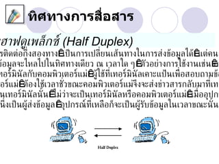 ทิศทางการสื่อสาร
 ฮาฟดูเพล็กซ์ (Half Duplex)
 รติดต่อก่งสองทาง เป็ นการเปล่ียนเส้นทางในการส่งข้อมูลได้ แต่คนล
             ึ
ข้อมูลจะไหลไปในทิศทางเดียว ณ เวลาใด ๆ ตัวอย่างการใช้งานเช่น           กา
 ทอร์มินัลกับคอมพิวเตอร์แม่ ผู้ใช้ท่เทอร์มินัลเคาะแป้ นเพ่ ือสอบถามข้อ
                                     ี
ตอร์แม่ ต้องใช้เวลาชัวขณะคอมพิวเตอร์แม่จึงจะส่งข่าวสารกลับมาท่ีเทอ
                       ่
 นเทอร์มินัลนั ้น ไม่ว่าจะเป็ นเทอร์มินัลหรือคอมพิวเตอร์แม่ เม่ ออุปกร
                                                                ื
 น่งเป็ นผ้ส่งข้อมูล  อุปกรณ์ท่ีเหลือก็จะเป็ นผู้รบข้อมูลในเวลาขณะนั ้น
   ึ       ู                                      ั
 