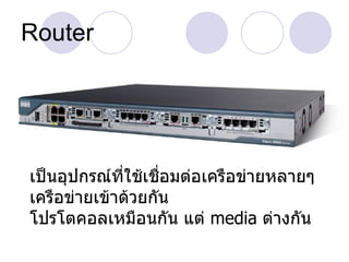 Router




เป็นอุปกรณ์ที่ใช้เชื่อมต่อเครือข่ายหลายๆ
เครือข่ายเข้าด้วยกัน
โปรโตคอลเหมือนกัน แต่ media ต่างกัน
 