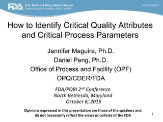 How to Identify Critical Quality Attributes
and Critical Process Parameters
Jennifer Maguire, Ph.D.
Daniel Peng, Ph.D.
Office of Process and Facility (OPF)
OPQ/CDER/FDA
1
FDA/PQRI 2nd Conference
North Bethesda, Maryland
October 6, 2015
Opinions expressed in this presentation are those of the speakers and
do not necessarily reflect the views or policies of the FDA
 