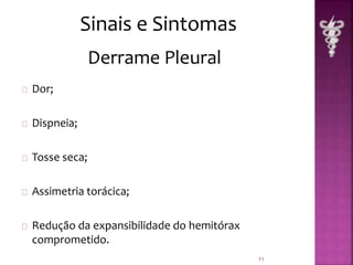 Dor; 
Dispneia; 
Tosse seca; 
Assimetria torácica; 
Redução da expansibilidade do hemitórax 
comprometido. 
11 
Sinais e Sintomas 
Derrame Pleural 
 