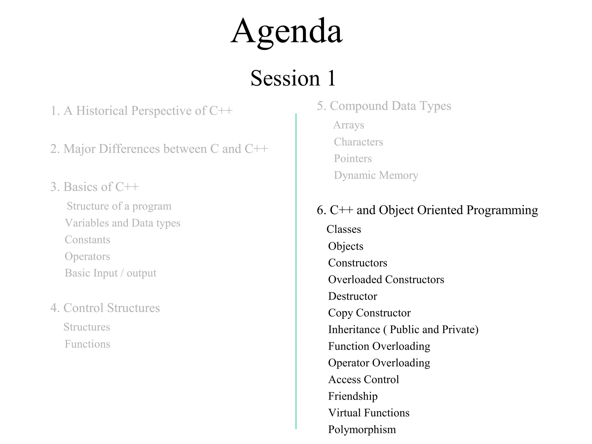 Agenda
Session 1
1. A Historical Perspective of C++
2. Major Differences between C and C++
3. Basics of C++
Structure of a program
Variables and Data types
Constants
Operators
Basic Input / output
4. Control Structures
Structures
Functions
5. Compound Data Types
Arrays
Characters
Pointers
Dynamic Memory
6. C++ and Object Oriented Programming
Classes
Objects
Constructors
Overloaded Constructors
Destructor
Copy Constructor
Inheritance ( Public and Private)
Function Overloading
Operator Overloading
Access Control
Friendship
Virtual Functions
Polymorphism
 