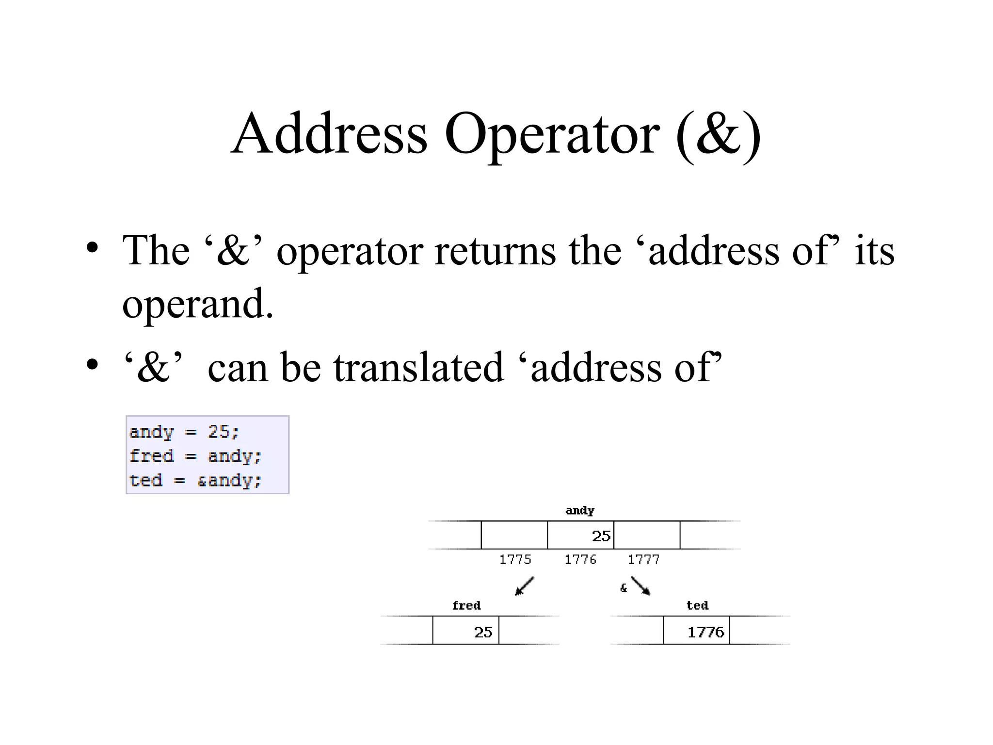 Address Operator (&)
• The ‘&’ operator returns the ‘address of’ its
operand.
• ‘&’ can be translated ‘address of’
 