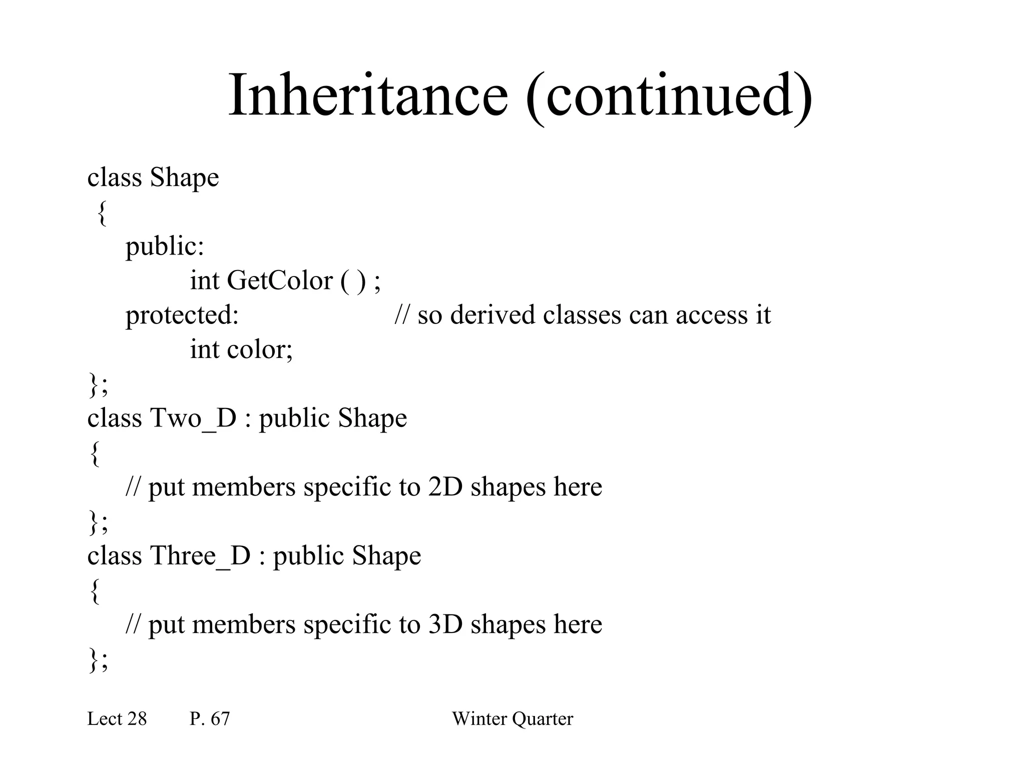 Lect 28 P. 67 Winter Quarter
Inheritance (continued)
class Shape
{
public:
int GetColor ( ) ;
protected: // so derived classes can access it
int color;
};
class Two_D : public Shape
{
// put members specific to 2D shapes here
};
class Three_D : public Shape
{
// put members specific to 3D shapes here
};
 