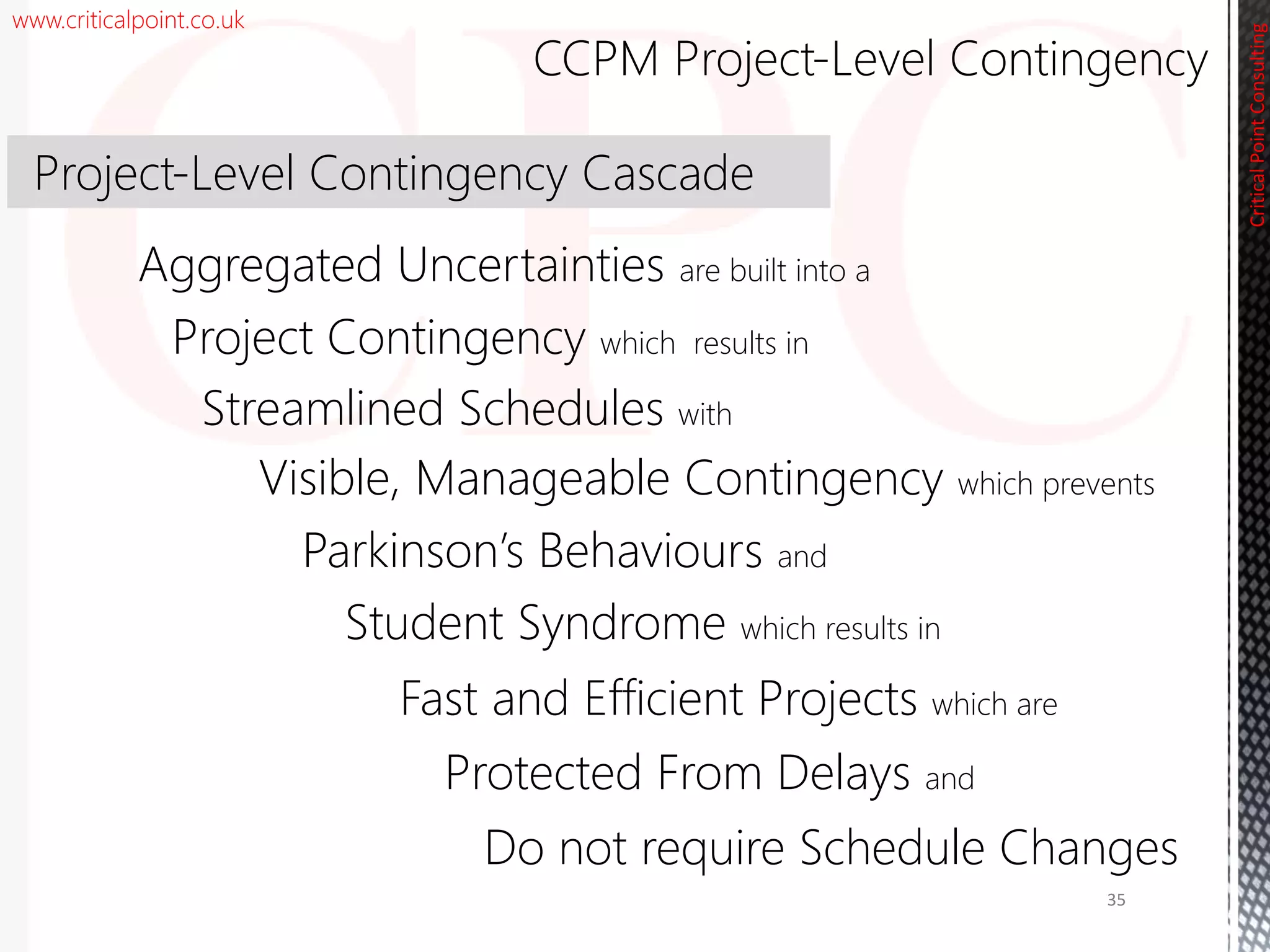 www.criticalpoint.co.uk
Project Contingency which results in
Student Syndrome which results in
Parkinson’s Behaviours and
Streamlined Schedules with
Aggregated Uncertainties are built into a
CriticalPointConsulting
Visible, Manageable Contingency which prevents
Protected From Delays and
Fast and Efficient Projects which are
Do not require Schedule Changes
CCPM Project-Level Contingency
35
Project-Level Contingency Cascade
 