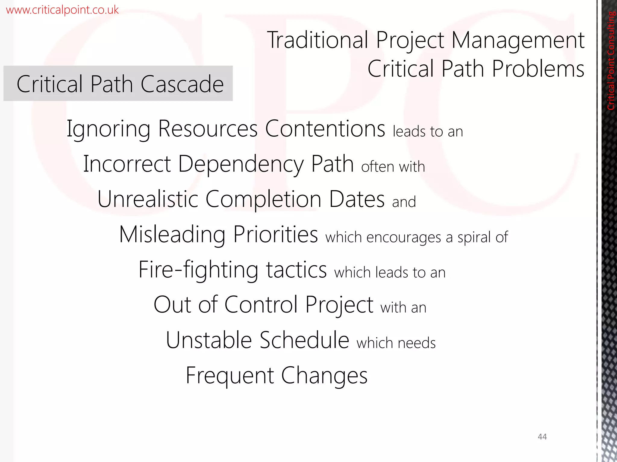 www.criticalpoint.co.uk
Incorrect Dependency Path often with
Misleading Priorities which encourages a spiral of
Ignoring Resources Contentions leads to an
CriticalPointConsulting
Unstable Schedule which needs
Traditional Project Management
Critical Path Problems
Fire-fighting tactics which leads to an
Unrealistic Completion Dates and
Out of Control Project with an
Critical Path Cascade
44
Frequent Changes
 