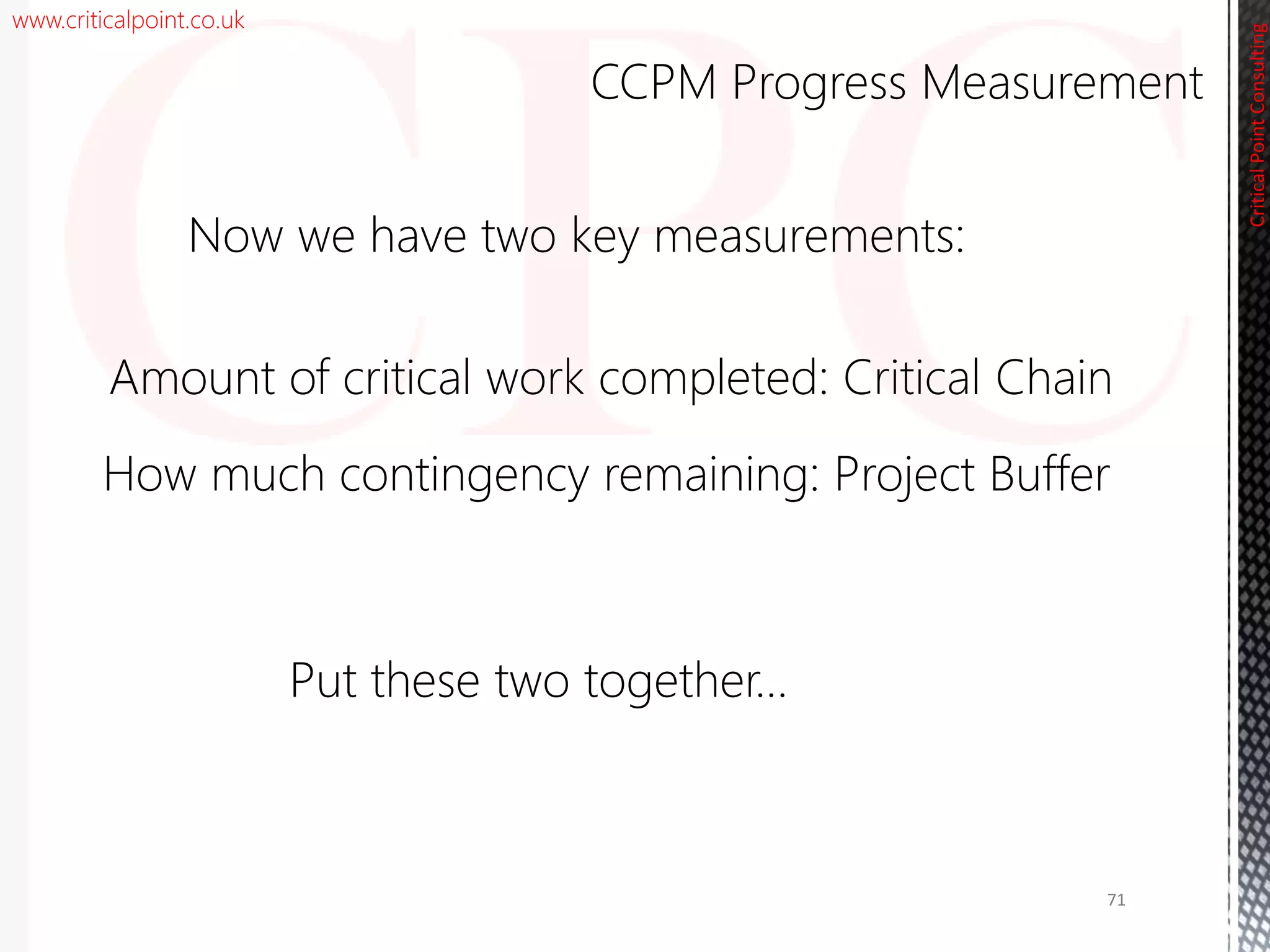 www.criticalpoint.co.uk
CriticalPointConsulting
Amount of critical work completed: Critical Chain
Put these two together…
CCPM Progress Measurement
71
Now we have two key measurements:
How much contingency remaining: Project Buffer
 