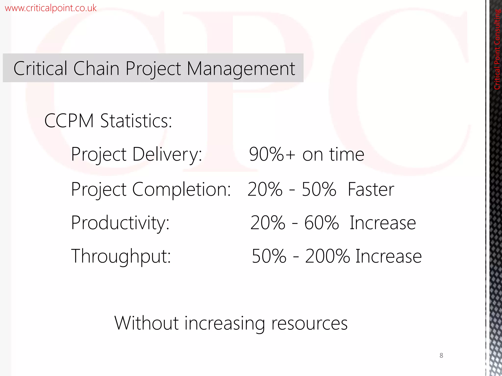 www.criticalpoint.co.uk
CriticalPointConsulting
CCPM Statistics:
Project Delivery: 90%+ on time
Project Completion: 20% - 50% Faster
Productivity: 20% - 60% Increase
Throughput: 50% - 200% Increase
Critical Chain Project Management
8
Without increasing resources
 