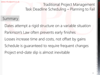 www.criticalpoint.co.uk
CriticalPointConsulting
Dates attempt a rigid structure on a variable situation
Parkinson’s Law often prevents early finishes
Losses increase time and costs, not offset by gains
Schedule is guaranteed to require frequent changes
Project end-date slip is almost inevitable
Summary
22
Traditional Project Management
Task Deadline Scheduling – Planning to Fail
 