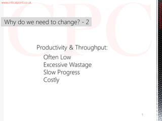 www.criticalpoint.co.uk
CriticalPointConsulting
Why do we need to change? - 2
5
Productivity & Throughput:
Often Low
Excessive Wastage
Slow Progress
Costly
 