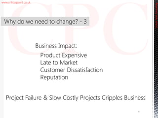 www.criticalpoint.co.uk
CriticalPointConsulting
Why do we need to change? - 3
6
Business Impact:
Product Expensive
Late to Market
Customer Dissatisfaction
Reputation
Project Failure & Slow Costly Projects Cripples Business
 