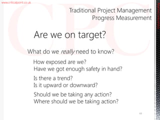 www.criticalpoint.co.uk
CriticalPointConsulting
Are we on target?
What do we really need to know?
How exposed are we?
Have we got enough safety in hand?
Is there a trend?
Is it upward or downward?
Should we be taking any action?
Where should we be taking action?
Traditional Project Management
Progress Measurement
63
 