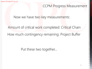 www.criticalpoint.co.uk
CriticalPointConsulting
Amount of critical work completed: Critical Chain
Put these two together…
CCPM Progress Measurement
71
Now we have two key measurements:
How much contingency remaining: Project Buffer
 