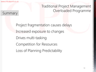 www.criticalpoint.co.uk
CriticalPointConsulting
Project fragmentation causes delays
Increased exposure to changes
Drives multi-tasking
Competition for Resources
Loss of Planning Predictability
Summary
Traditional Project Management
Overloaded Programme
CriticalPointConsulting
94
 