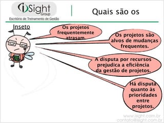 Quais são os
Inseto     Os projetos
         frequentemente
                                  Os projetos são
             atrasam.
                                alvos de mudanças
                                    frequentes.

                          A disputa por recursos
                           prejudica a eﬁciência
                          da gestão de projetos.

                                       Há disputa
                                        quanto às
                                       prioridades
                                          entre
                                        projetos.
 