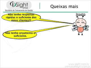 Queixas mais
  Não tenho respostas                Inseto
rápidas o suﬁciente dos
    meus clientes!!!




Não tenho orçamento o
      suﬁciente.
 