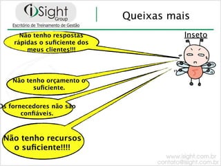 Queixas mais
      Não tenho respostas                Inseto
    rápidas o suﬁciente dos
        meus clientes!!!




    Não tenho orçamento o
          suﬁciente.


Os fornecedores não são
       conﬁáveis.



 Não tenho recursos
   o suﬁciente!!!!
 