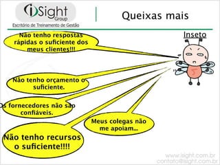 Queixas mais
      Não tenho respostas                        Inseto
    rápidas o suﬁciente dos
        meus clientes!!!




    Não tenho orçamento o
          suﬁciente.


Os fornecedores não são
       conﬁáveis.
                              Meus colegas não
                                me apoiam...
 Não tenho recursos
   o suﬁciente!!!!
 