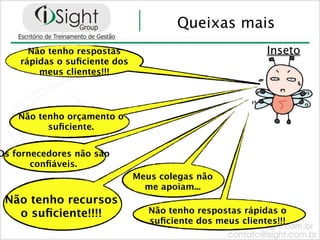 Queixas mais
      Não tenho respostas                                 Inseto
    rápidas o suﬁciente dos
        meus clientes!!!




    Não tenho orçamento o
          suﬁciente.


Os fornecedores não são
       conﬁáveis.
                              Meus colegas não
                                me apoiam...
 Não tenho recursos
   o suﬁciente!!!!               Não tenho respostas rápidas o
                                 suﬁciente dos meus clientes!!!
 
