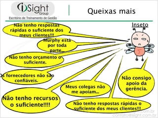 Queixas mais
      Não tenho respostas                                Inseto
    rápidas o suﬁciente dos
        meus clientes!!!
                  Murphy está
                    por toda
                     parte...
    Não tenho orçamento o
          suﬁciente.


Os fornecedores não são
                                                     Não consigo
       conﬁáveis.
                                                      apoio da
                            Meus colegas não          gerência.
                              me apoiam...
 Não tenho recursos
   o suﬁciente!!!!              Não tenho respostas rápidas o
                                suﬁciente dos meus clientes!!!
 