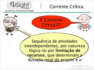 Corrente Crítica


       E Corrente
        Crítica???


     Sequência de atividades
interdependentes, por natureza
   lógica ou por limitação de
  recursos, que determinam a
  duração total do projeto e o
 