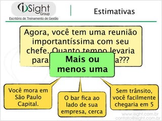 Estimativas

    Agora, você tem uma reunião
      importantíssima com seu
    chefe. Quanto tempo levaria
               Mais ou
     para chegar à empresa???
             menos uma
           Informações!!!

Você mora em                     Sem trânsito,
  São Paulo     O bar ﬁca ao    você facilmente
   Capital.     lado de sua      chegaria em 5
               empresa, cerca
 