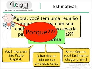 Estimativas

    Agora, você tem uma reunião
      importantíssima com seu
    chefe. Quanto tempo levaria
         Porque???
               Mais ou
     para chegar à empresa???
             menos uma
           Informações!!!

Você mora em                     Sem trânsito,
  São Paulo     O bar ﬁca ao    você facilmente
   Capital.     lado de sua      chegaria em 5
               empresa, cerca
 