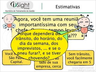 Estimativas

    Agora, você tem uma reunião
      importantíssima com seu
    chefe. Quanto tempo levaria
     Porque dependerá do
                Mais ou
      para chegar à empresa???
    trânsito, do horário, do
              menosdos uma
            Informações!!!
      dia da semana,
       imprevistos, ... e se o
Você mora emfurar?, e se tiver
       pneu                       Sem trânsito,
  São Paulo chovendo?
                 O bar ﬁca ao    você facilmente
  Capital.       lado de sua      chegaria em 5
                empresa, cerca
 