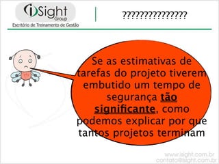 ???????????????



   Se as estimativas de
tarefas do projeto tiverem
 embutido um tempo de
      segurança tão
    signiﬁcante, como
podemos explicar por que
tantos projetos terminam
 