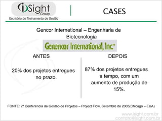 CASES

                 Gencor Internetional – Engenharia de
                              Biotecnologia


               ANTES                                          DEPOIS

  20% dos projetos entregues                   87% dos projetos entregues
           no prazo.                                a tempo, com um
                                                 aumento de produção de
                                                          15%.


FONTE: 2ª Conferência de Gestão de Projetos – Project Flow, Setembro de 2005(Chicago – EUA)
 