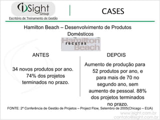 CASES

          Hamilton Beach – Desenvolvimento de Produtos
                            Domésticos



               ANTES                                          DEPOIS
                                                Aumento de produção para
   34 novos produtos por ano.                      52 produtos por ano, e
         74% dos projetos                           para mais de 70 no
       terminados no prazo.                          segundo ano, sem
                                                 aumento de pessoal. 88%
                                                  dos projetos terminados
                                                         no prazo.
FONTE: 2ª Conferência de Gestão de Projetos – Project Flow, Setembro de 2005(Chicago – EUA)
 