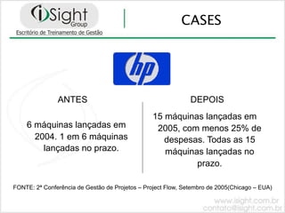 CASES




               ANTES                                          DEPOIS
                                                 15 máquinas lançadas em
    6 máquinas lançadas em                        2005, com menos 25% de
      2004. 1 em 6 máquinas                         despesas. Todas as 15
        lançadas no prazo.                          máquinas lançadas no
                                                           prazo.

FONTE: 2ª Conferência de Gestão de Projetos – Project Flow, Setembro de 2005(Chicago – EUA)
 