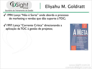 Eliyahu M. Goldratt
✓ 1994: Lança “Não é Sorte” onde aborda o processo
    de marketing e vendas que dão suporte á TOC;

✓1997: Lança “Corrente Crítica” direcionando a
 aplicação da TOC à gestão de projetos;
 