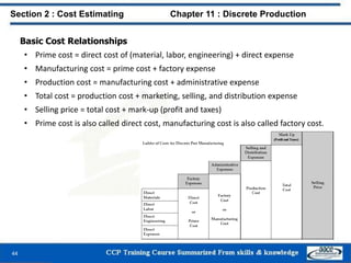 Basic Cost Relationships
• Prime cost = direct cost of (material, labor, engineering) + direct expense
• Manufacturing cost = prime cost + factory expense
• Production cost = manufacturing cost + administrative expense
• Total cost = production cost + marketing, selling, and distribution expense
• Selling price = total cost + mark-up (profit and taxes)
• Prime cost is also called direct cost, manufacturing cost is also called factory cost.
44
Section 2 : Cost Estimating Chapter 11 : Discrete Production
 