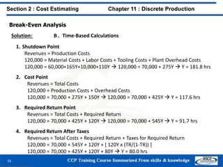 Break-Even Analysis
Solution: B . Time-Based Calculations
1. Shutdown Point
Revenues = Production Costs
120,000 = Material Costs + Labor Costs + Tooling Costs + Plant Overhead Costs
120,000 = 60,000+165Y+10,000+110Y  120,000 = 70,000 + 275Y  Y = 181.8 hrs
2. Cost Point
Revenues = Total Costs
120,000 = Production Costs + Overhead Costs
120,000 = 70,000 + 275Y + 150Y  120,000 = 70,000 + 425Y  Y = 117.6 hrs
3. Required Return Point
Revenues = Total Costs + Required Return
120,000 = 70,000 + 425Y + 120Y  120,000 = 70,000 + 545Y  Y = 91.7 hrs
4. Required Return After Taxes
Revenues = Total Costs + Required Return + Taxes for Required Return
120,000 = 70,000 + 545Y + 120Y + [ 120Y x (TR/(1-TR)) ]
120,000 = 70,000 + 425Y + 120Y + 80Y  Y = 80.0 hrs
55
Section 2 : Cost Estimating Chapter 11 : Discrete Production
 