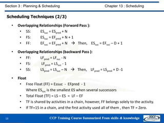 Scheduling Techniques (2/3)
• Overlapping Relationships (Forward Pass ):
• SS: ESsuc = ESpred + N
• FS: ESsuc = EFpred + N + 1
• FF: EFsuc = EFpred + N  Then, ESsuc = EFsuc – D + 1
• Overlapping Relationships (backward Pass ):
• FF: LFpred = LFsuc - N
• FS: LFpred = LSsuc - 1
• SS: LSpred = LSsuc – N  Then, LFpred = LSpred + D -1
• Float
• Free Float (FF) = Essuc - EFpred - 1
Where ESsuc is the smallest ES when several successors
• Total Float (TF) = LS – ES = LF – EF
• TF is shared by activities in a chain, however, FF belongs solely to the activity.
• If TF=15 in a chain, and the first activity used all of them , then TF = Zero.
13
Section 3 : Planning & Scheduling Chapter 13 : Scheduling
 