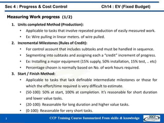 Measuring Work progress (1/2)
1. Units completed Method (Production):
• Applicable to tasks that involve repeated production of easily measured work.
• Ex: Wire pulling in linear meters. of wire pulled.
2. Incremental Milestones (Rules of Credit):
• For control account that includes subtasks and must be handled in sequence.
• Segmenting into subtasks and assigning each a “credit” increment of progress.
• Ex: Installing a major equipment (15% supply, 50% installation, 15% test, .. etc)
• Percentage chosen is normally based on No. of work hours required.
3. Start / Finish Method:
• Applicable to tasks that lack definable intermediate milestones or those for
which the effort/time required is very difficult to estimate.
• (50-100): 50% at start, 100% at completion. It’s reasonable for short duration
and lower value tasks.
• (20-100): Reasonable for long duration and higher value tasks.
• (0-100): Reasonable for very short tasks.
3
Sec 4 : Progress & Cost Control Ch14 : EV (Fixed Budget)
 