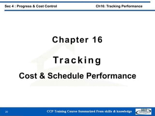 Chapter 16
Tracking
Cost & Schedule Performance
20
Sec 4 : Progress & Cost Control Ch16: Tracking Performance
 