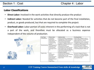 Section 1 : Cost Chapter 4 : Labor
Labor Classifications
• Direct Labor: Involved in the work activities that directly produce the product
• Indirect Labor: Needed for activities that do not become part of the final installation,
product, or goods produced, but that are required to complete the project.
• Overhead Labor: Labor portion of costs inherent in the performing of a task that is not
a part of the work, and therefore must be allocated as a business expense
independent of the volume of production.
17
 