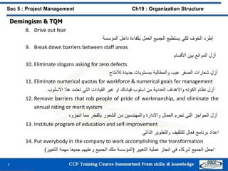 Demingism & TQM
8. Drive out fear
‫إطرد‬‫الخوف‬‫لكي‬‫يستطيع‬‫الجميع‬‫العمل‬‫بكفاءة‬‫داخل‬‫المؤسسة‬
9. Break down barriers between staff areas
‫أزل‬‫الموانع‬‫بين‬‫األقسام‬
10. Eliminate slogans asking for zero defects
‫أزل‬‫شعارات‬‫الصفر‬‫عيب‬‫والمطالبة‬‫بمستويات‬‫جديدة‬‫لالنتاج‬
11. Eliminate numerical quotas for workforce & numerical goals for management
‫أزل‬‫نظام‬‫الكوته‬‫واالهداف‬‫العددية‬‫من‬‫اسلوب‬‫قيادتك‬‫او‬‫غير‬‫القيادات‬‫التي‬‫تعتمد‬‫هذا‬‫االسلوب‬
12. Remove barriers that rob people of pride of workmanship, and eliminate the
annual rating or merit system
‫أزل‬‫الحواجز‬‫التي‬‫تحرم‬‫العمال‬‫واالدارة‬‫والمهندسين‬‫من‬‫الشعور‬‫بالفخر‬‫مما‬‫انجزوه‬
13. Institute program of education and self-improvement
‫اعداد‬‫برنامج‬‫فعال‬‫للتثقيف‬‫والتطوير‬‫الذاتي‬
14. Put everybody in the company to work accomplishing the transformation
‫اجعل‬‫الجميع‬‫شركاء‬‫في‬‫انجاز‬‫عملية‬‫التغيير‬(‫المؤسسة‬‫ملك‬‫الجميع‬‫وعليهم‬‫جميعا‬‫مهمة‬‫التغيير‬)
7
Sec 5 : Project Management Ch19 : Organization Structure
 