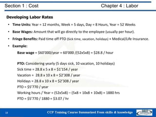 Section 1 : Cost Chapter 4 : Labor
Developing Labor Rates
• Time Units: Year = 12 months, Week = 5 days, Day = 8 Hours, Year = 52 Weeks
• Base Wages: Amount that will go directly to the employee (usually per hour).
• Fringe Benefits: Paid time off PTO (Sick time, vacation, holidays) + Medical/Life Insurance.
• Example:
Base wage = $60’000/year = 60’000 /(52x5x8) = $28.8 / hour
PTO: Considering yearly (5 days sick, 10 vacation, 10 holidays)
Sick time = 28.8 x 5 x 8 = $1’154 / year
Vacation = 28.8 x 10 x 8 = $2’308 / year
Holidays = 28.8 x 10 x 8 = $2’308 / year
PTO = $5’770 / year
Working hours / Year = (52x5x8) – (5x8 + 10x8 + 10x8) = 1880 hrs
PTO = $5’770 / 1880 = $3.07 / hr
18
 