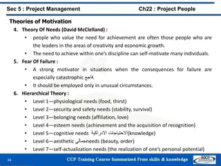 34
Sec 5 : Project Management Ch22 : Project People
Theories of Motivation
4. Theory Of Needs (David McClelland) :
• people who value the need for achievement are often those people who are
the leaders in the areas of creativity and economic growth.
• The need to achieve within one’s discipline can self-motivate many individuals.
5. Fear Of Failure :
• A strong motivator in situations when the consequences for failure are
especially catastrophic ‫.فاجع‬
• It should be employed only in unusual circumstances.
6. Hierarchical Theory :
• Level 1—physiological needs (food, thirst)
• Level 2—security and safety needs (stability, survival)
• Level 3—belonging needs (affiliation, love)
• Level 4—esteem needs (achievement and the acquisition of recognition)
• Level 5—cognitive needs ‫االحتياجات‬‫االدراكية‬ (knowledge)
• Level 6—aesthetic ‫جمالي‬needs (beauty, order)
• Level 7—self-actualization needs (the realization of one’s personal potential)
 