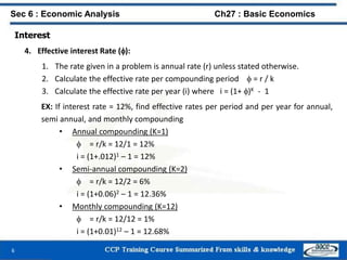 Interest
4. Effective interest Rate ():
1. The rate given in a problem is annual rate (r) unless stated otherwise.
2. Calculate the effective rate per compounding period  = r / k
3. Calculate the effective rate per year (i) where i = (1+ )K - 1
EX: If interest rate = 12%, find effective rates per period and per year for annual,
semi annual, and monthly compounding
• Annual compounding (K=1)
 = r/k = 12/1 = 12%
i = (1+.012)1 – 1 = 12%
• Semi-annual compounding (K=2)
 = r/k = 12/2 = 6%
i = (1+0.06)2 – 1 = 12.36%
• Monthly compounding (K=12)
 = r/k = 12/12 = 1%
i = (1+0.01)12 – 1 = 12.68%
6
Sec 6 : Economic Analysis Ch27 : Basic Economics
 