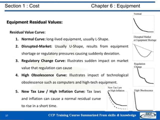 Section 1 : Cost Chapter 6 : Equipment
Equipment Residual Values:
Residual Value Curve:
1. Normal Curve: long-lived equipment, usually L-Shape.
2. Disrupted-Market: Usually U-Shape, results from equipment
shortage or regulatory pressures causing suddenly deviation.
3. Regulatory Change Curve: Illustrates sudden impact on market
value that regulation can cause
4. High Obsolescence Curve: Illustrates impact of technological
obsolescence such as computers and high-tech equipment.
37
5. New Tax Law / High Inflation Curve: Tax laws
and inflation can cause a normal residual curve
to rise in a short time.
 