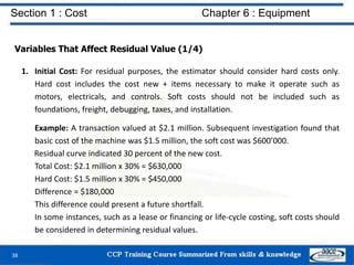 Section 1 : Cost Chapter 6 : Equipment
Variables That Affect Residual Value (1/4)
1. Initial Cost: For residual purposes, the estimator should consider hard costs only.
Hard cost includes the cost new + items necessary to make it operate such as
motors, electricals, and controls. Soft costs should not be included such as
foundations, freight, debugging, taxes, and installation.
Example: A transaction valued at $2.1 million. Subsequent investigation found that
basic cost of the machine was $1.5 million, the soft cost was $600’000.
Residual curve indicated 30 percent of the new cost.
Total Cost: $2.1 million x 30% = $630,000
Hard Cost: $1.5 million x 30% = $450,000
Difference = $180,000
This difference could present a future shortfall.
In some instances, such as a lease or financing or life-cycle costing, soft costs should
be considered in determining residual values.
38
 