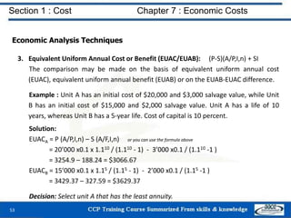 Section 1 : Cost Chapter 7 : Economic Costs
53
Economic Analysis Techniques
3. Equivalent Uniform Annual Cost or Benefit (EUAC/EUAB): (P-S)(A/P,I,n) + SI
The comparison may be made on the basis of equivalent uniform annual cost
(EUAC), equivalent uniform annual benefit (EUAB) or on the EUAB-EUAC difference.
Example : Unit A has an initial cost of $20,000 and $3,000 salvage value, while Unit
B has an initial cost of $15,000 and $2,000 salvage value. Unit A has a life of 10
years, whereas Unit B has a 5-year life. Cost of capital is 10 percent.
Solution:
EUACA = P (A/P,I,n) – S (A/F,I,n) or you can use the formula above
= 20’000 x0.1 x 1.110 / (1.110 - 1) - 3’000 x0.1 / (1.110 -1 )
= 3254.9 – 188.24 = $3066.67
EUACB = 15’000 x0.1 x 1.15 / (1.15 - 1) - 2’000 x0.1 / (1.15 -1 )
= 3429.37 – 327.59 = $3629.37
Decision: Select unit A that has the least annuity.
 