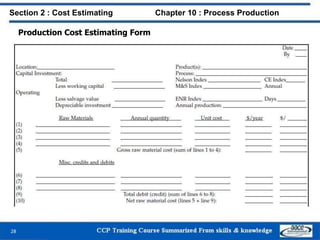Production Cost Estimating Form
Section 2 : Cost Estimating Chapter 10 : Process Production
28
 