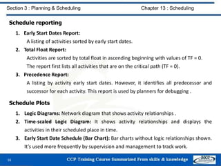 Schedule reporting
1. Early Start Dates Report:
A listing of activities sorted by early start dates.
2. Total Float Report...