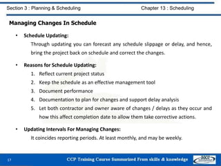 Managing Changes In Schedule
• Schedule Updating:
Through updating you can forecast any schedule slippage or delay, and he...